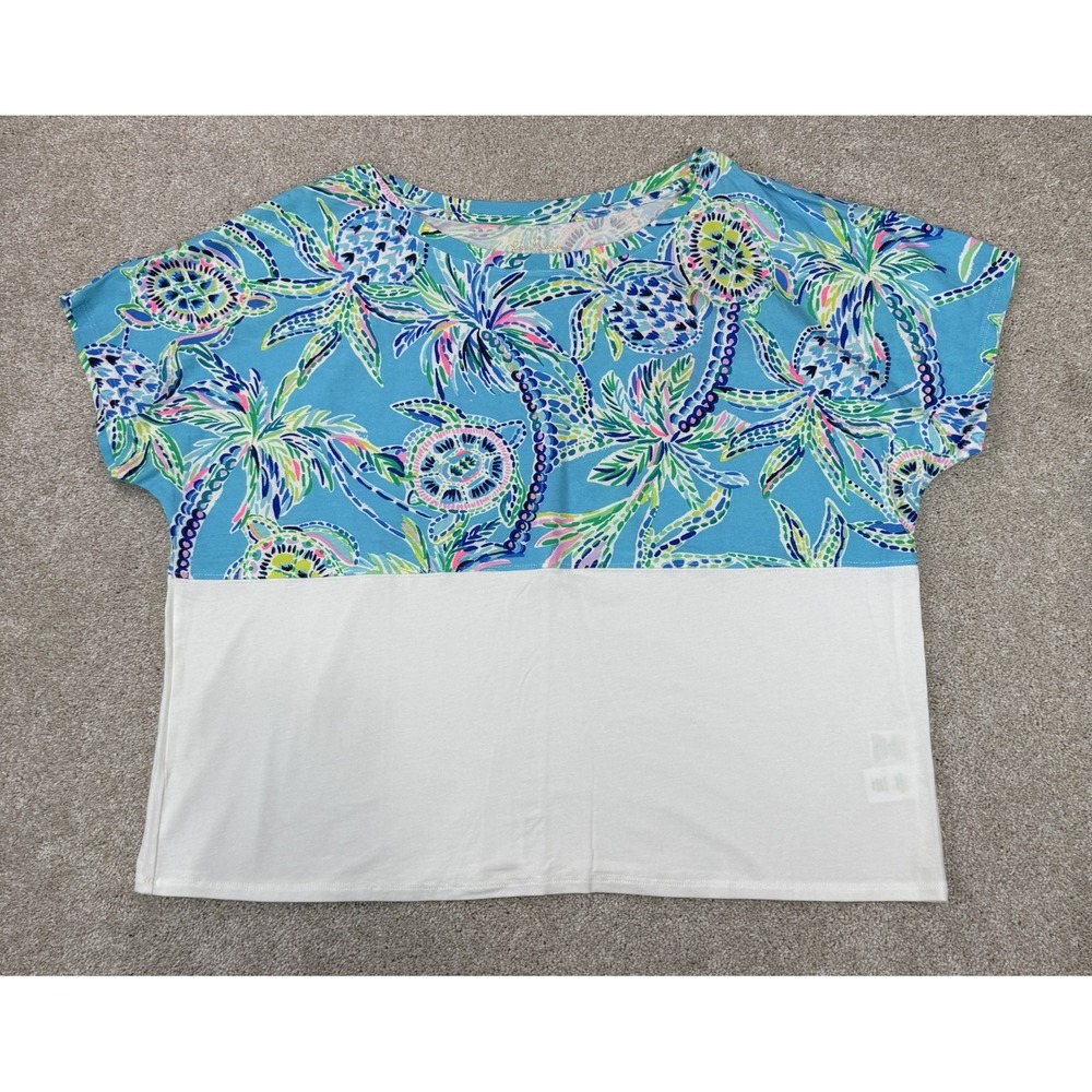 Lilly Pulitzer Finn Cropped Top Size XL Short Sleeve Turtle Bermuda Blue ~ NEW